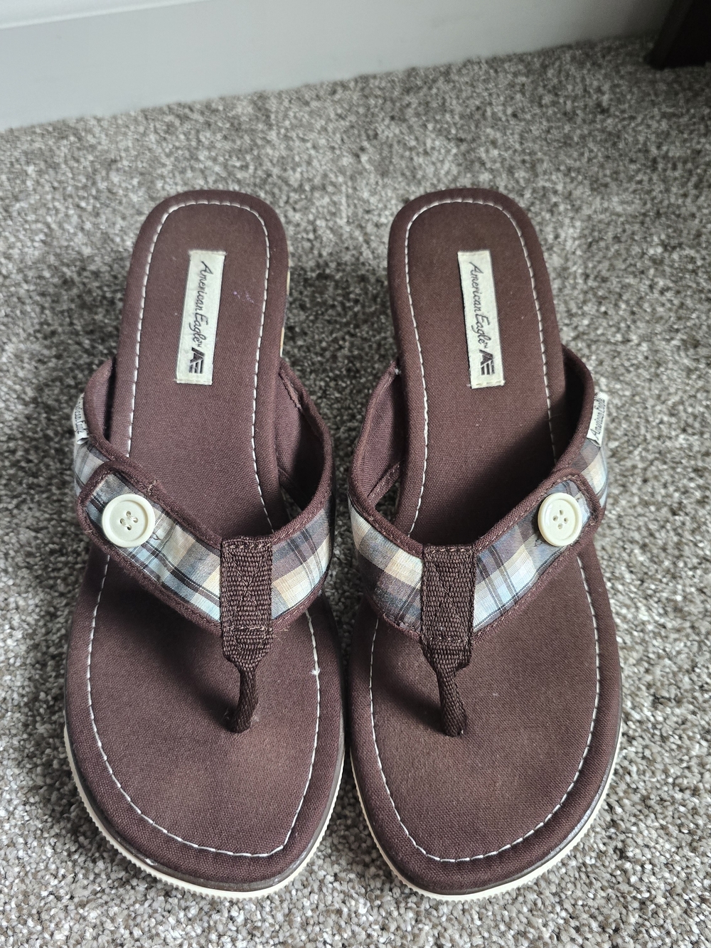 American Eagle Outfitters Brown Plaid Strap Wedge Sandals Size 12